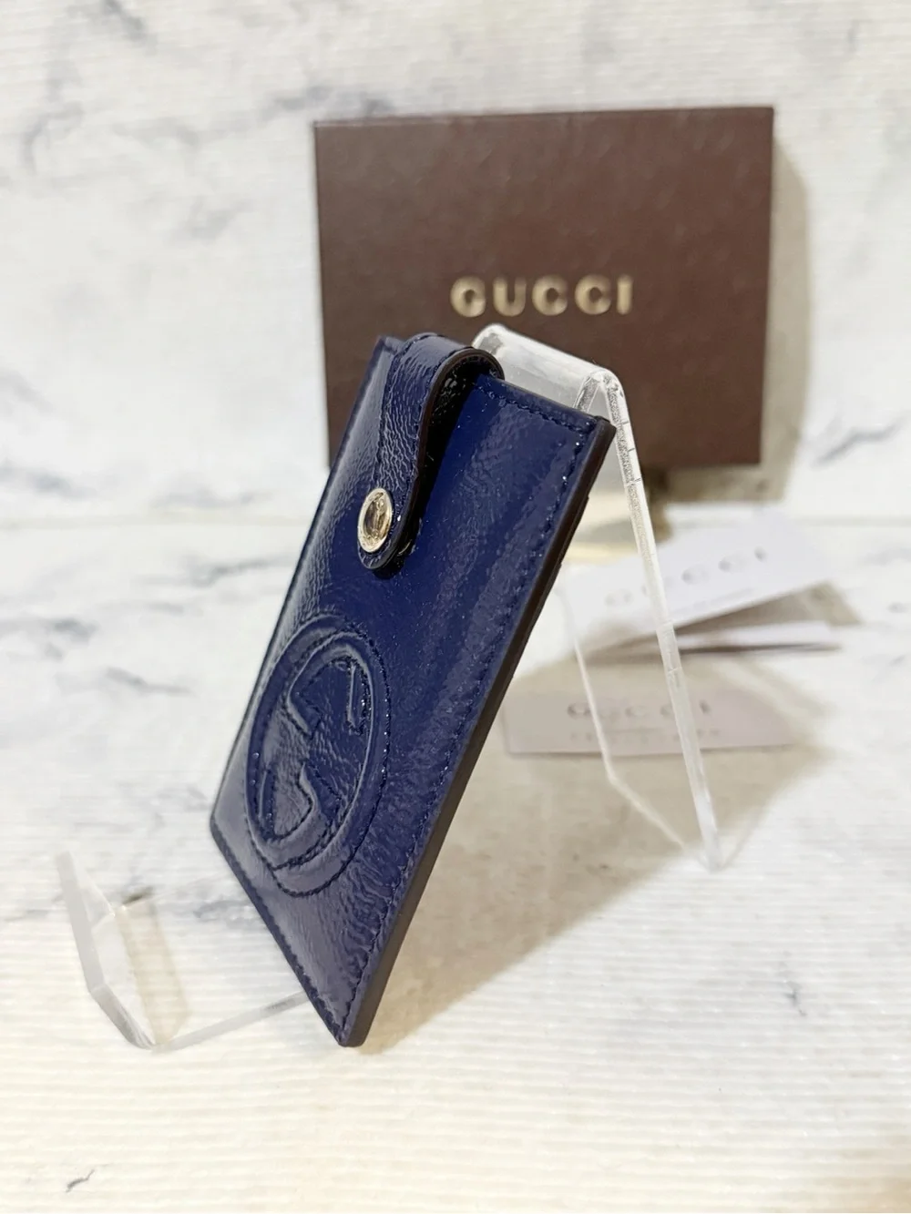 Gucci Soho Patent Leather Card Holder in Deep Navy with Snap